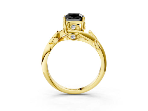 Yellow gold Fancy Black Cushion Cut Solitaire Twist Engagement Ring with Leaf Accents and Prong Setting_16
