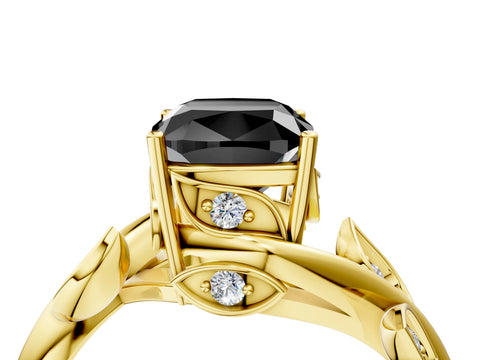 Yellow gold Fancy Black Cushion Cut Solitaire Twist Engagement Ring with Leaf Accents and Prong Setting_17