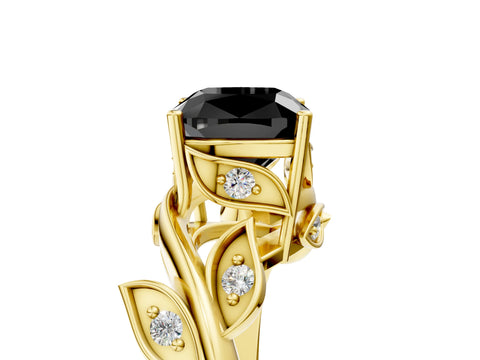 Yellow gold Fancy Black Cushion Cut Solitaire Twist Engagement Ring with Leaf Accents and Prong Setting_18