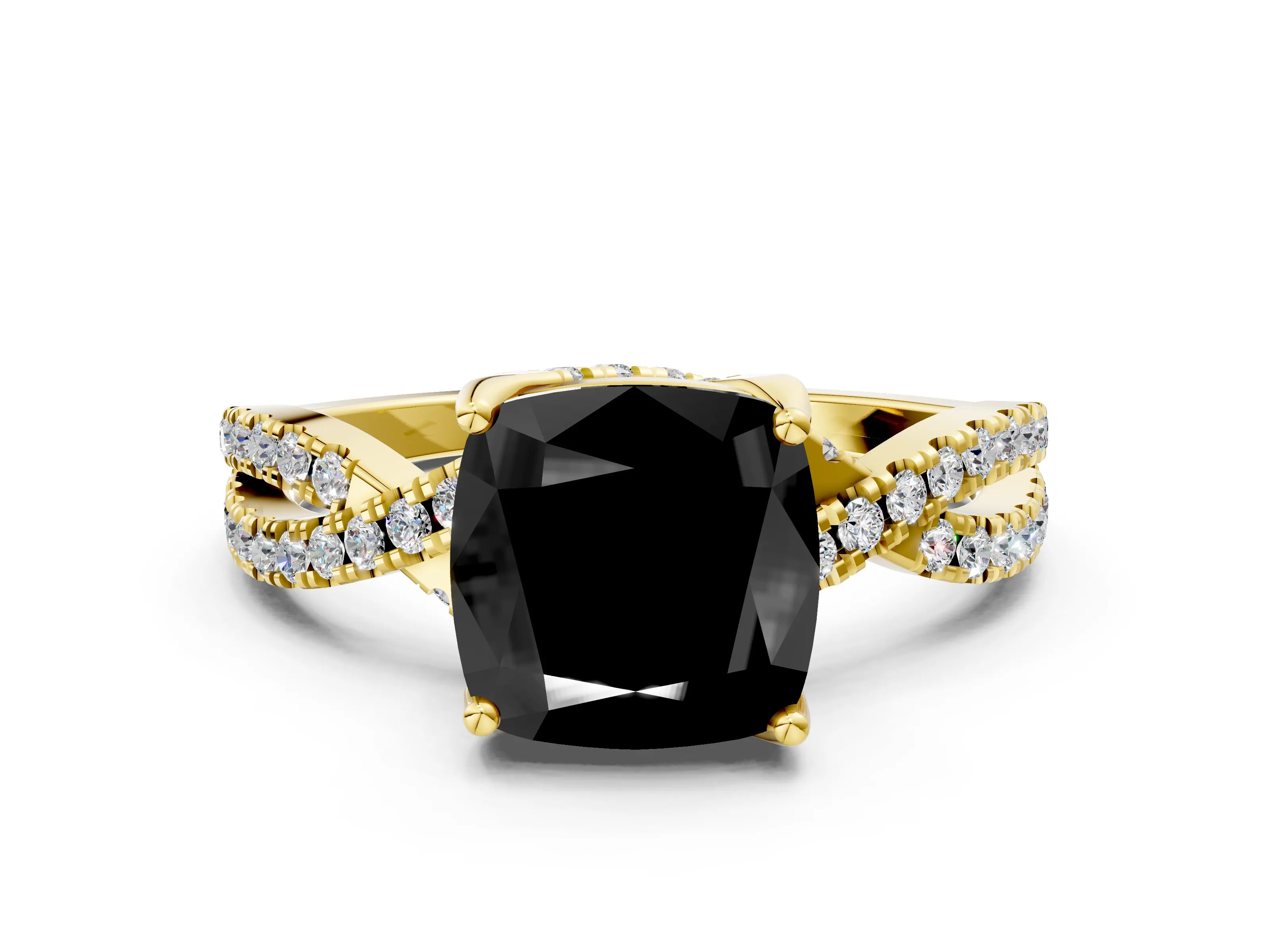 Yellow gold Fancy Black Cushion Cut Solitaire Twist Pave Diamond Engagement Ring with Prong Setting