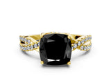 Yellow gold Fancy Black Cushion Cut Solitaire Twist Pave Diamond Engagement Ring with Prong Setting