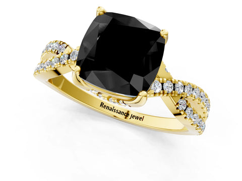 Yellow gold Fancy Black Cushion Cut Solitaire Twist Pave Diamond Engagement Ring with Prong Setting_1