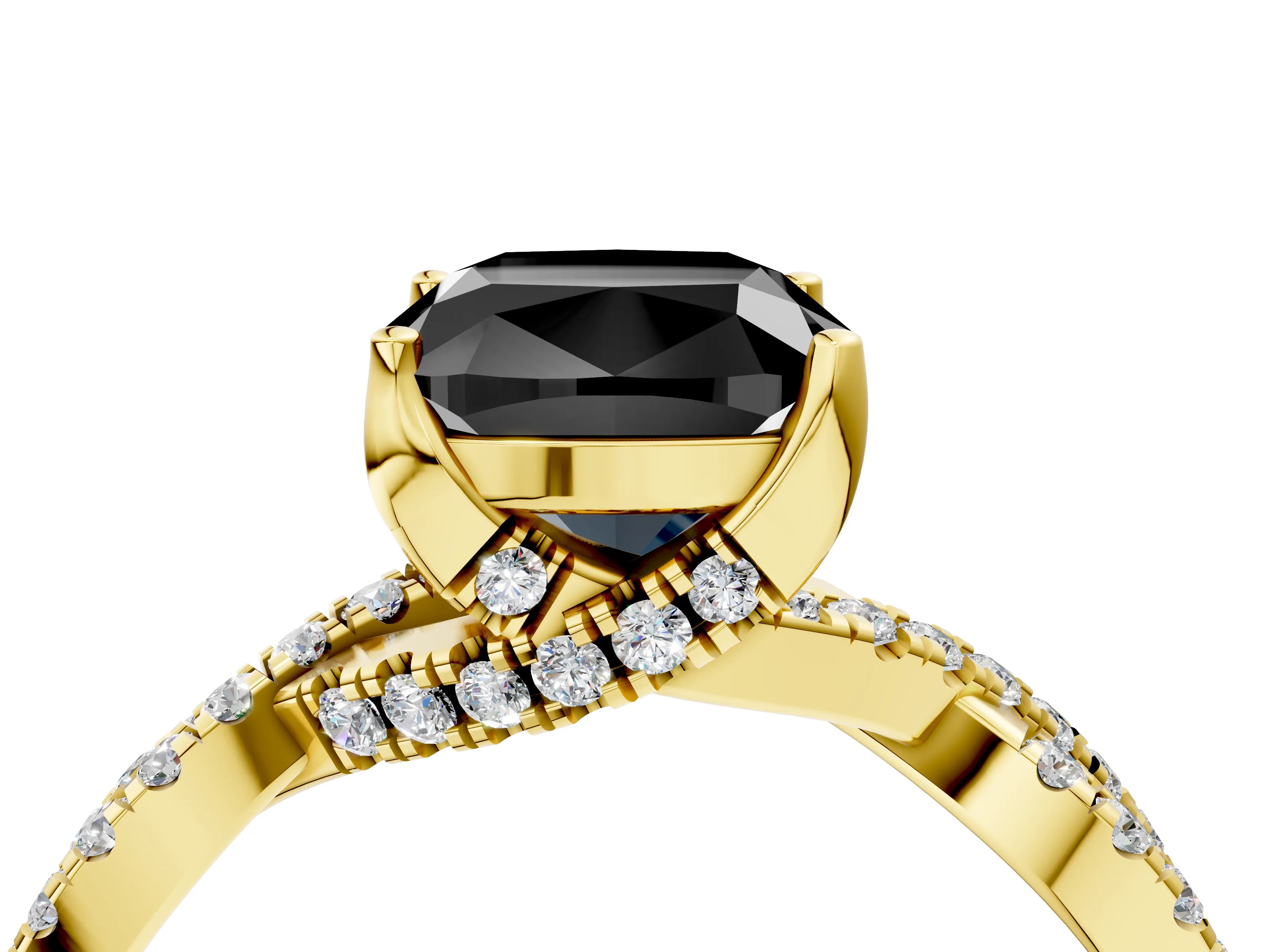 Yellow gold Fancy Black Cushion Cut Solitaire Twist Pave Diamond Engagement Ring with Prong Setting_28