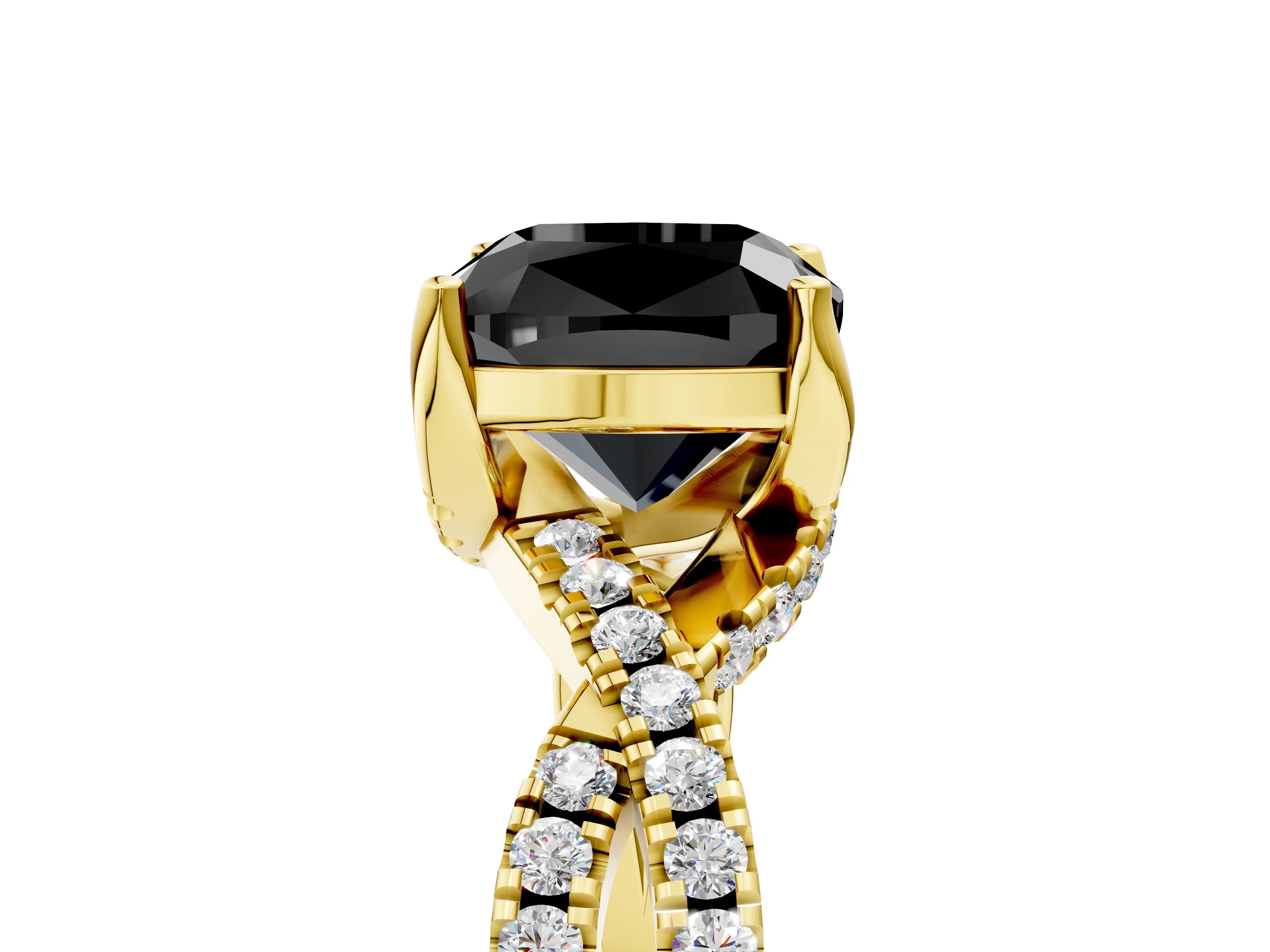 Yellow gold Fancy Black Cushion Cut Solitaire Twist Pave Diamond Engagement Ring with Prong Setting_29