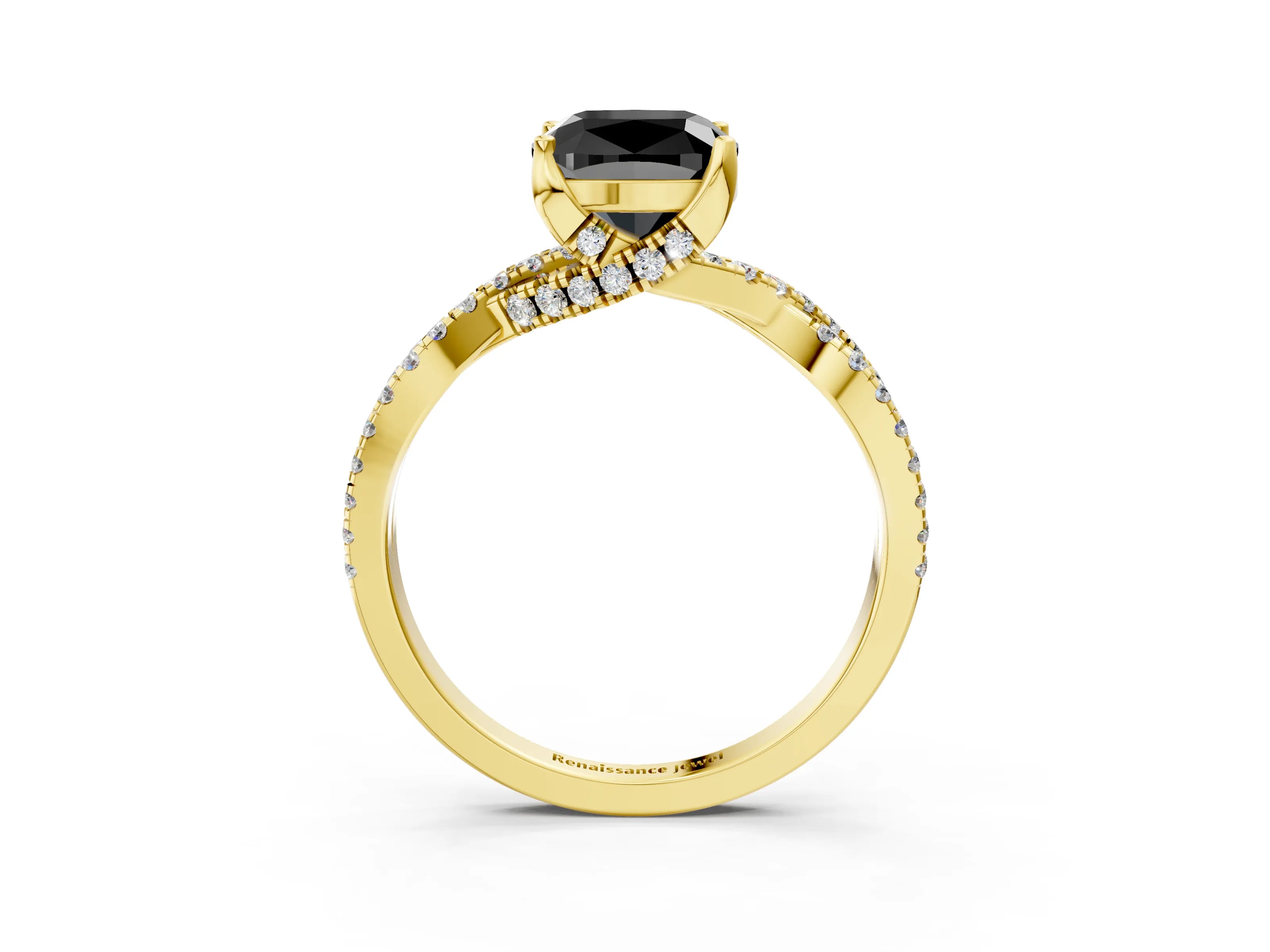 Yellow gold Fancy Black Cushion Cut Solitaire Twist Pave Diamond Engagement Ring with Prong Setting_3