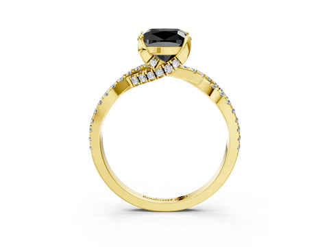 Yellow gold Fancy Black Cushion Cut Solitaire Twist Pave Diamond Engagement Ring with Prong Setting_3