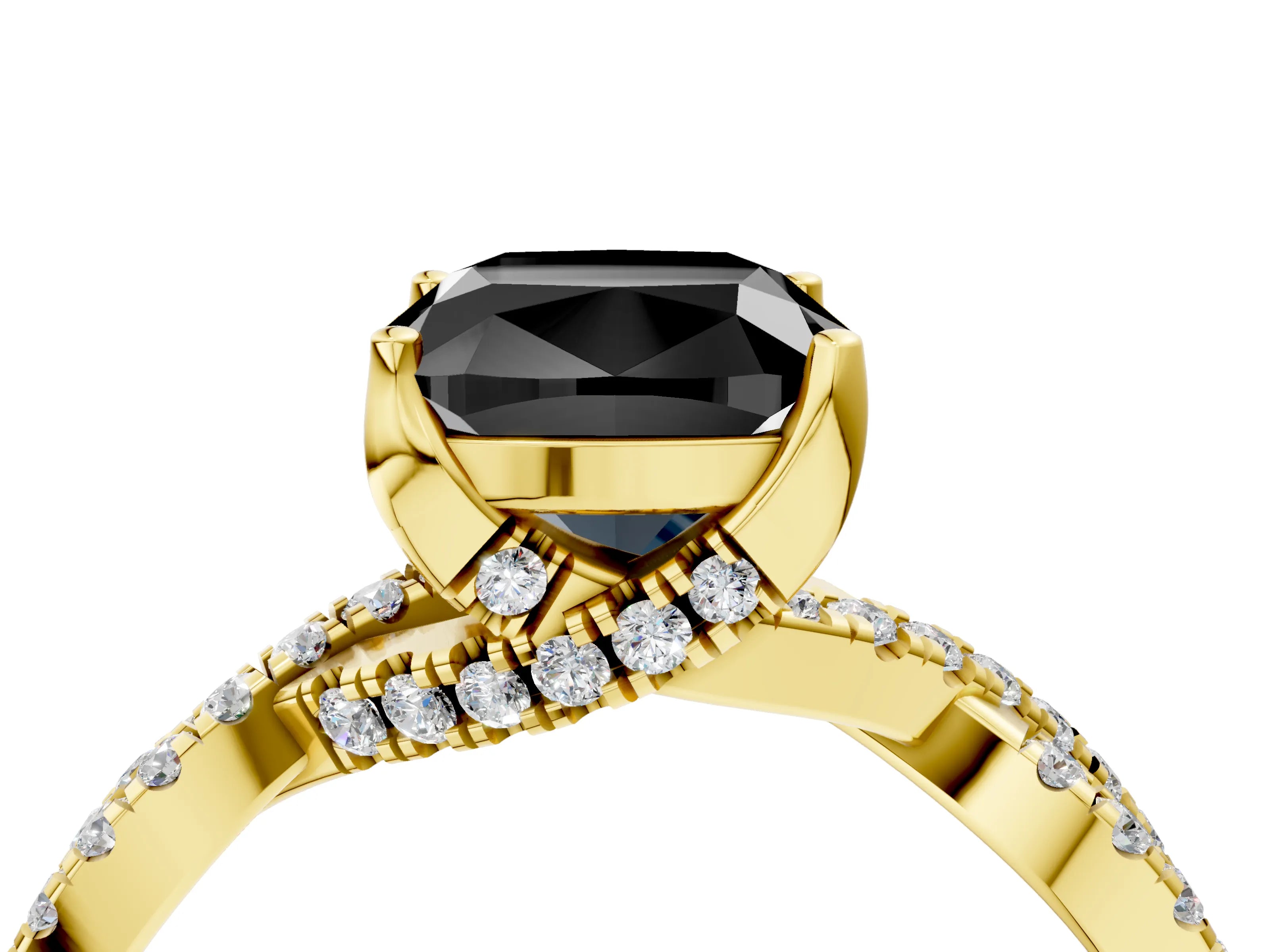Yellow gold Fancy Black Cushion Cut Solitaire Twist Pave Diamond Engagement Ring with Prong Setting_4