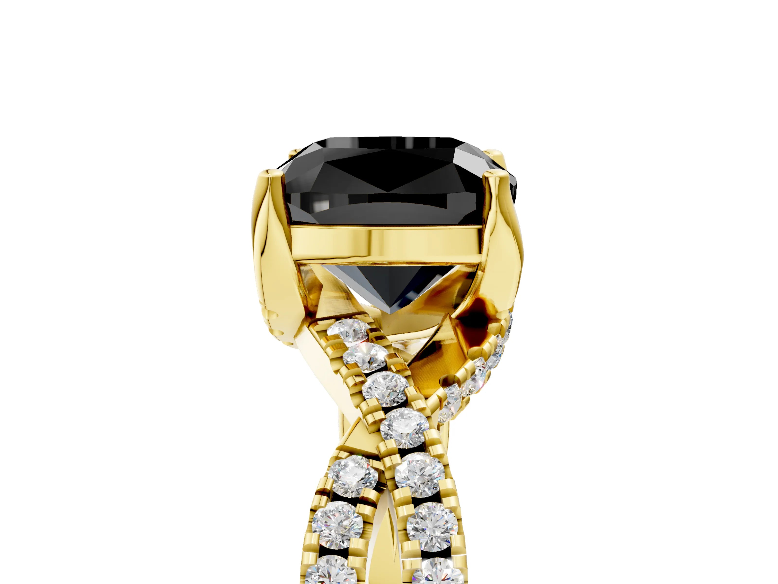 Yellow gold Fancy Black Cushion Cut Solitaire Twist Pave Diamond Engagement Ring with Prong Setting_5