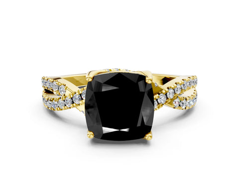 Yellow gold Fancy Black Cushion Cut Solitaire Twist Pave Diamond Engagement Ring with Prong Setting