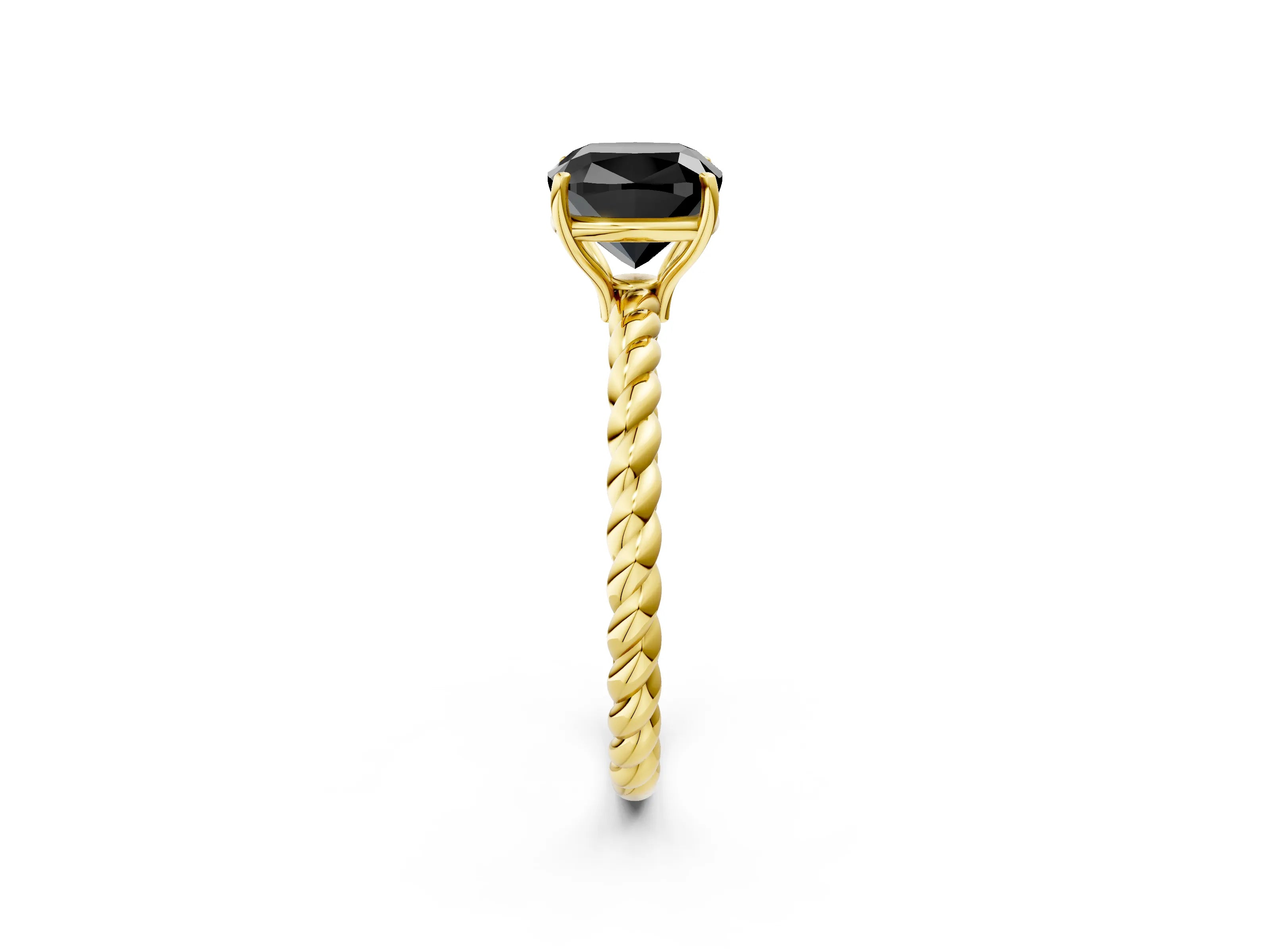 Yellow gold Fancy Black Cushion Cut Solitaire Twisted Band 4-Prong Ring_2