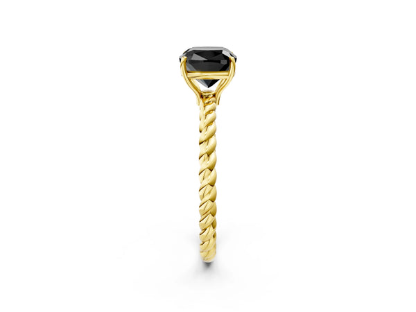 Yellow gold Fancy Black Cushion Cut Solitaire Twisted Band 4-Prong Ring