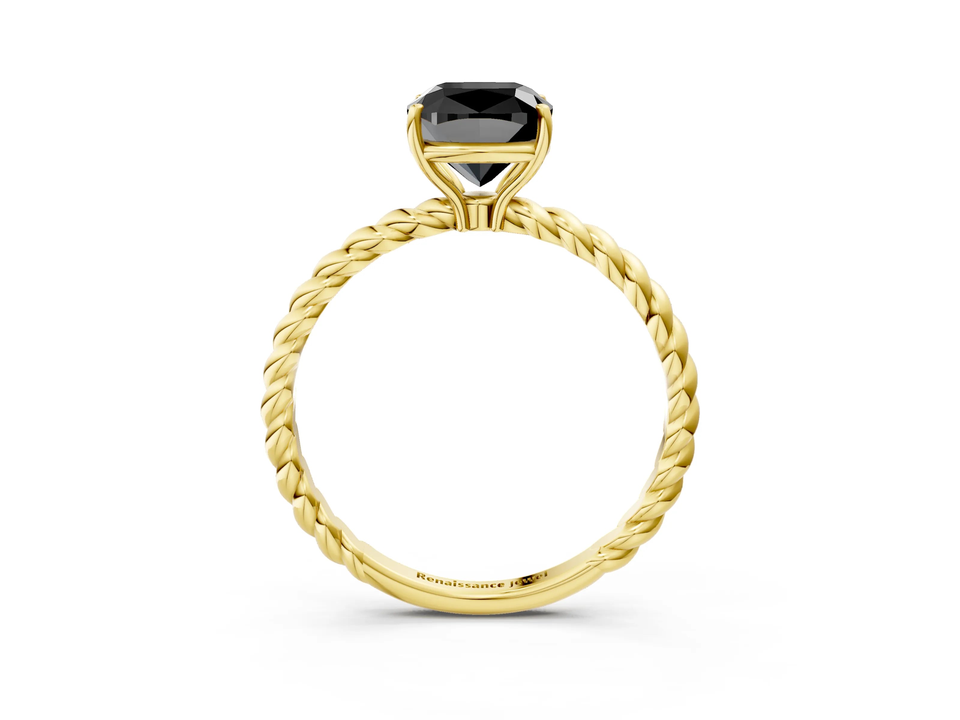 Yellow gold Fancy Black Cushion Cut Solitaire Twisted Band 4-Prong Ring_3