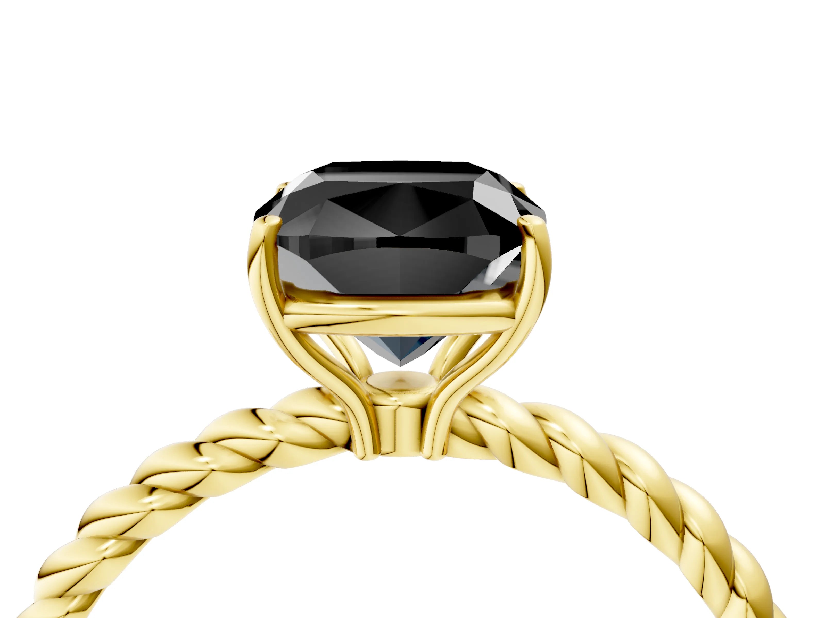 Yellow gold Fancy Black Cushion Cut Solitaire Twisted Band 4-Prong Ring_4