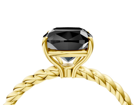 Yellow gold Fancy Black Cushion Cut Solitaire Twisted Band 4-Prong Ring_4
