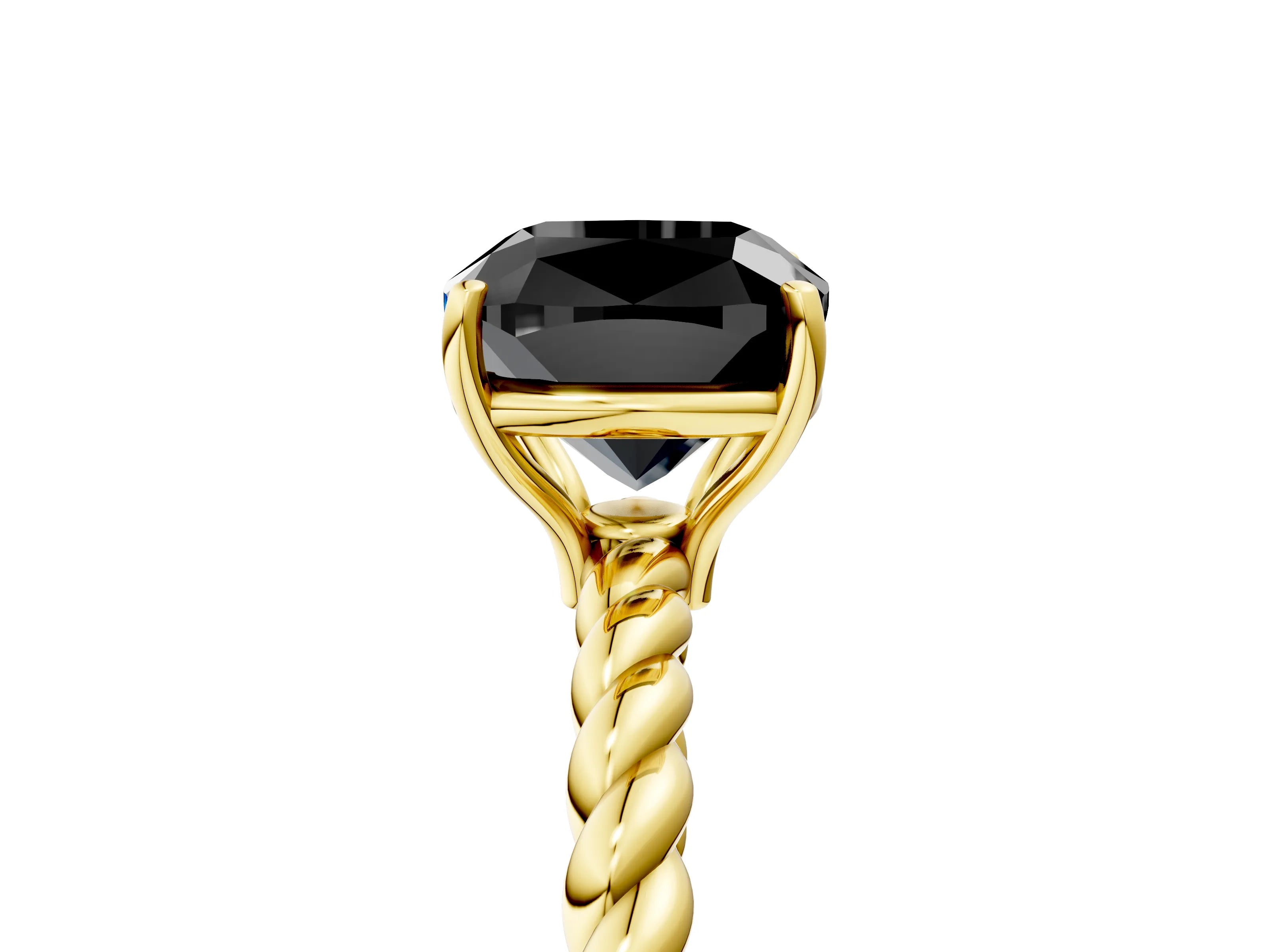 Yellow gold Fancy Black Cushion Cut Solitaire Twisted Band 4-Prong Ring_5