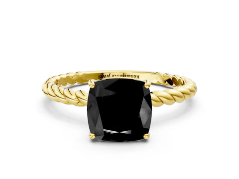 Yellow gold Fancy Black Cushion Cut Solitaire Twisted Band 4-Prong Ring