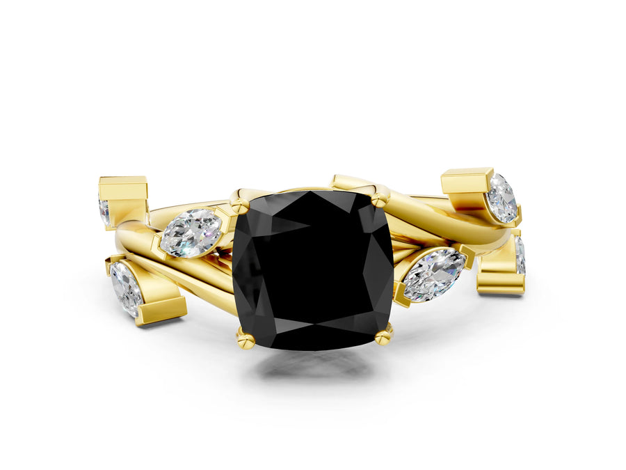Yellow gold Fancy Black Cushion Cut Solitaire Twisted Band Marquise Accent Prong Setting Ring