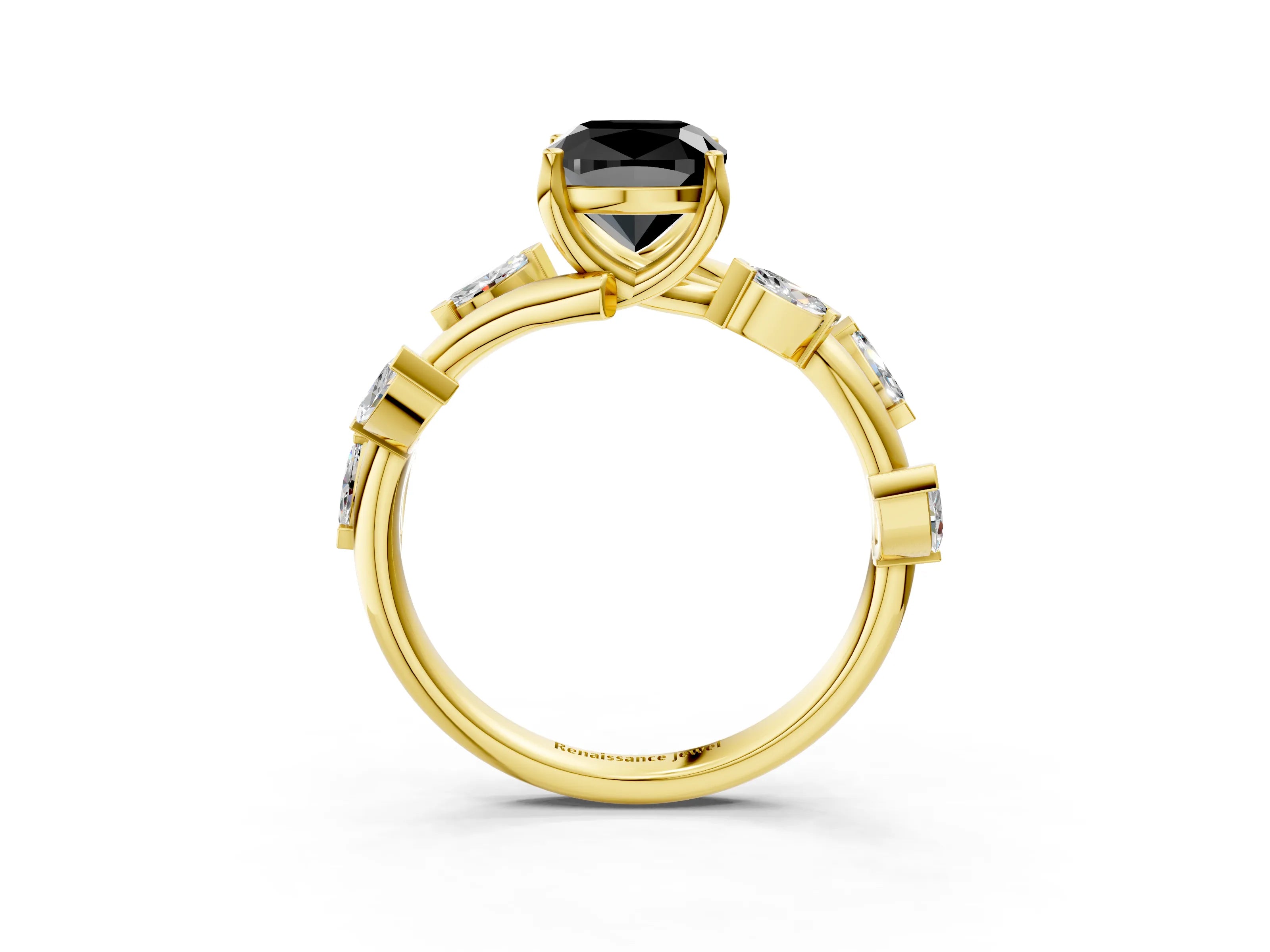 Yellow gold Fancy Black Cushion Cut Solitaire Twisted Band Marquise Accent Prong Setting Ring_3