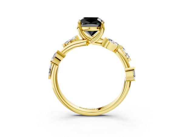 Yellow gold Fancy Black Cushion Cut Solitaire Twisted Band Marquise Accent Prong Setting Ring
