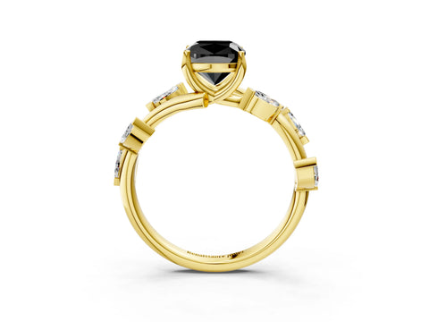 Yellow gold Fancy Black Cushion Cut Solitaire Twisted Band Marquise Accent Prong Setting Ring_3
