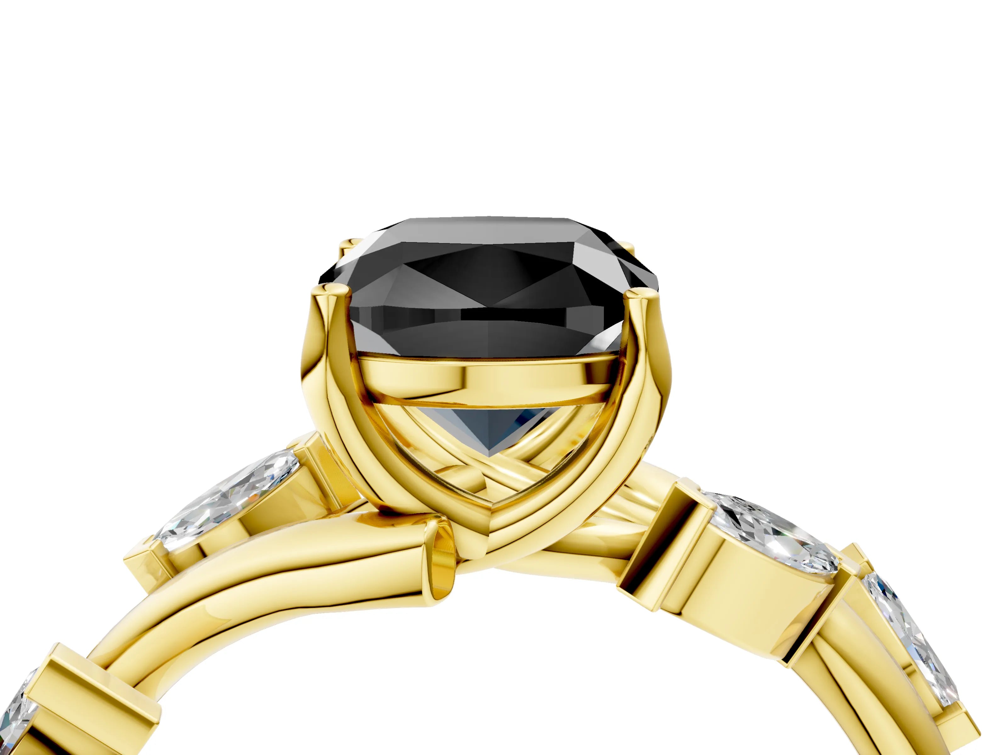 Yellow gold Fancy Black Cushion Cut Solitaire Twisted Band Marquise Accent Prong Setting Ring_4