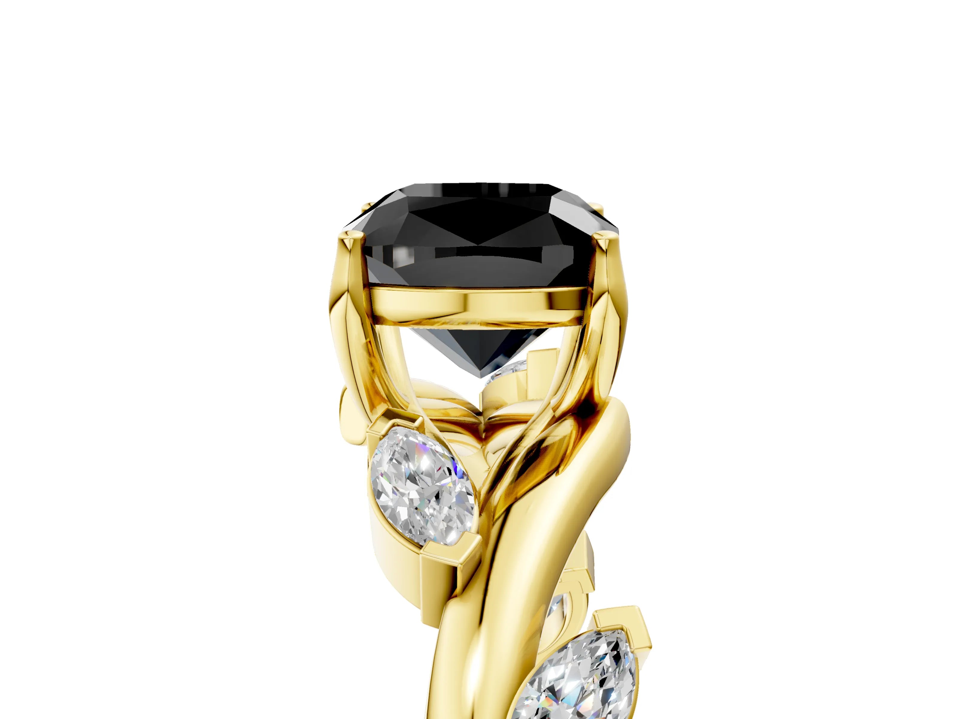 Yellow gold Fancy Black Cushion Cut Solitaire Twisted Band Marquise Accent Prong Setting Ring_5