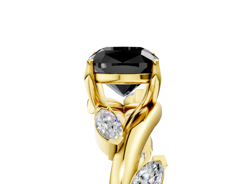 Yellow gold Fancy Black Cushion Cut Solitaire Twisted Band Marquise Accent Prong Setting Ring_5