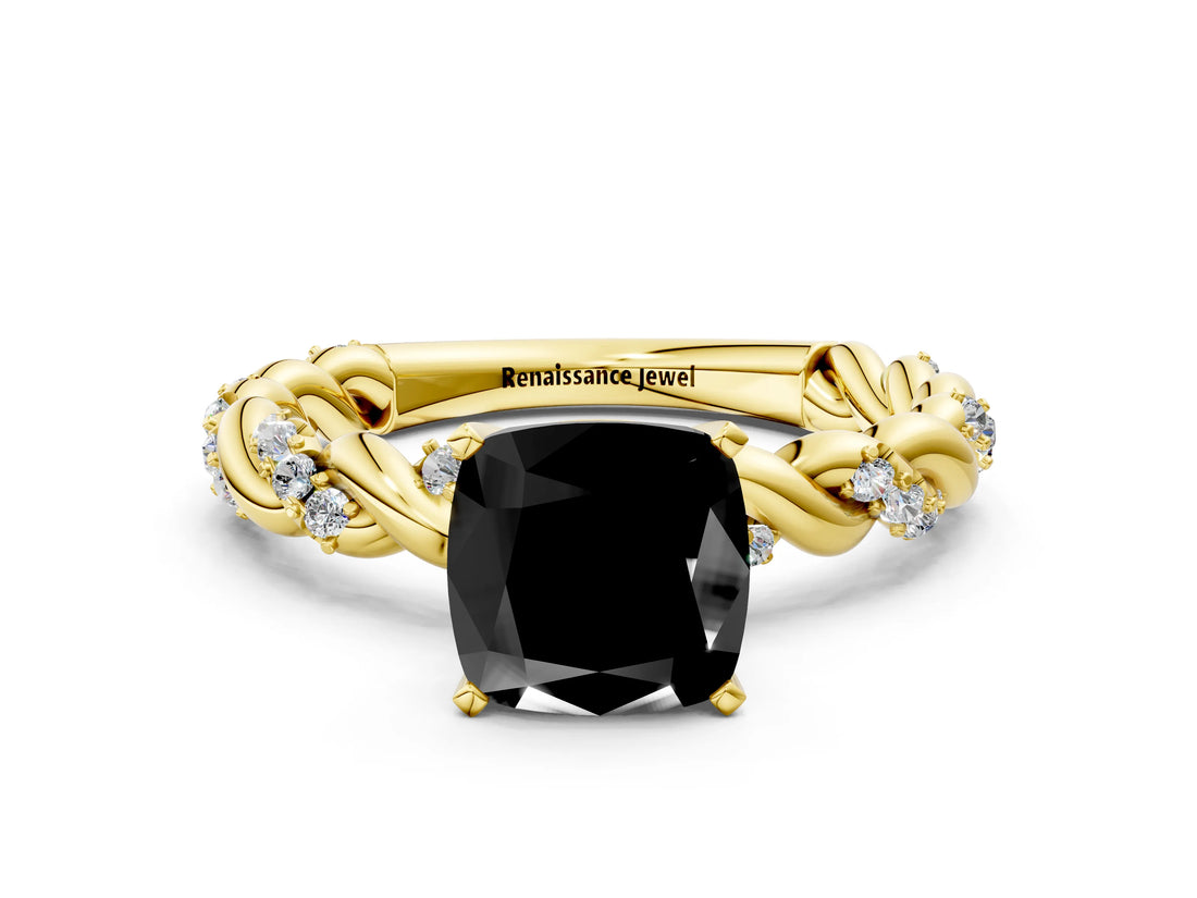 Yellow gold Fancy Black Cushion Cut Solitaire Twisted Band with Pavé Accents and Four-Prong Setting