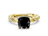 Yellow gold Fancy Black Cushion Cut Solitaire Twisted Band with Pavé Accents and Four-Prong Setting