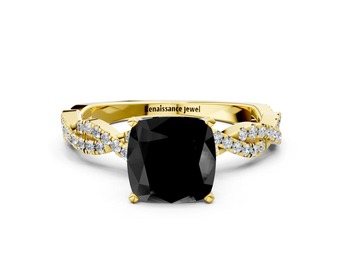Yellow gold Fancy Black Cushion Cut Solitaire Twisted Pave Band with Four-Prong Setting_3