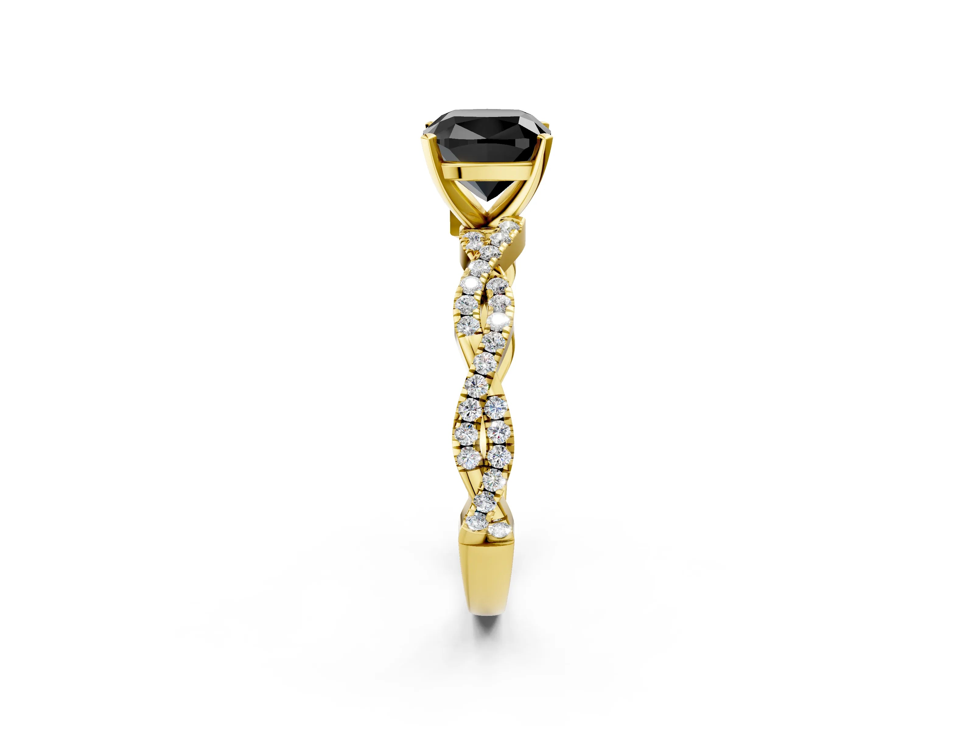 Yellow gold Fancy Black Cushion Cut Solitaire Twisted Pave Band with Four-Prong Setting_5