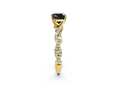 Yellow gold Fancy Black Cushion Cut Solitaire Twisted Pave Band with Four-Prong Setting_5