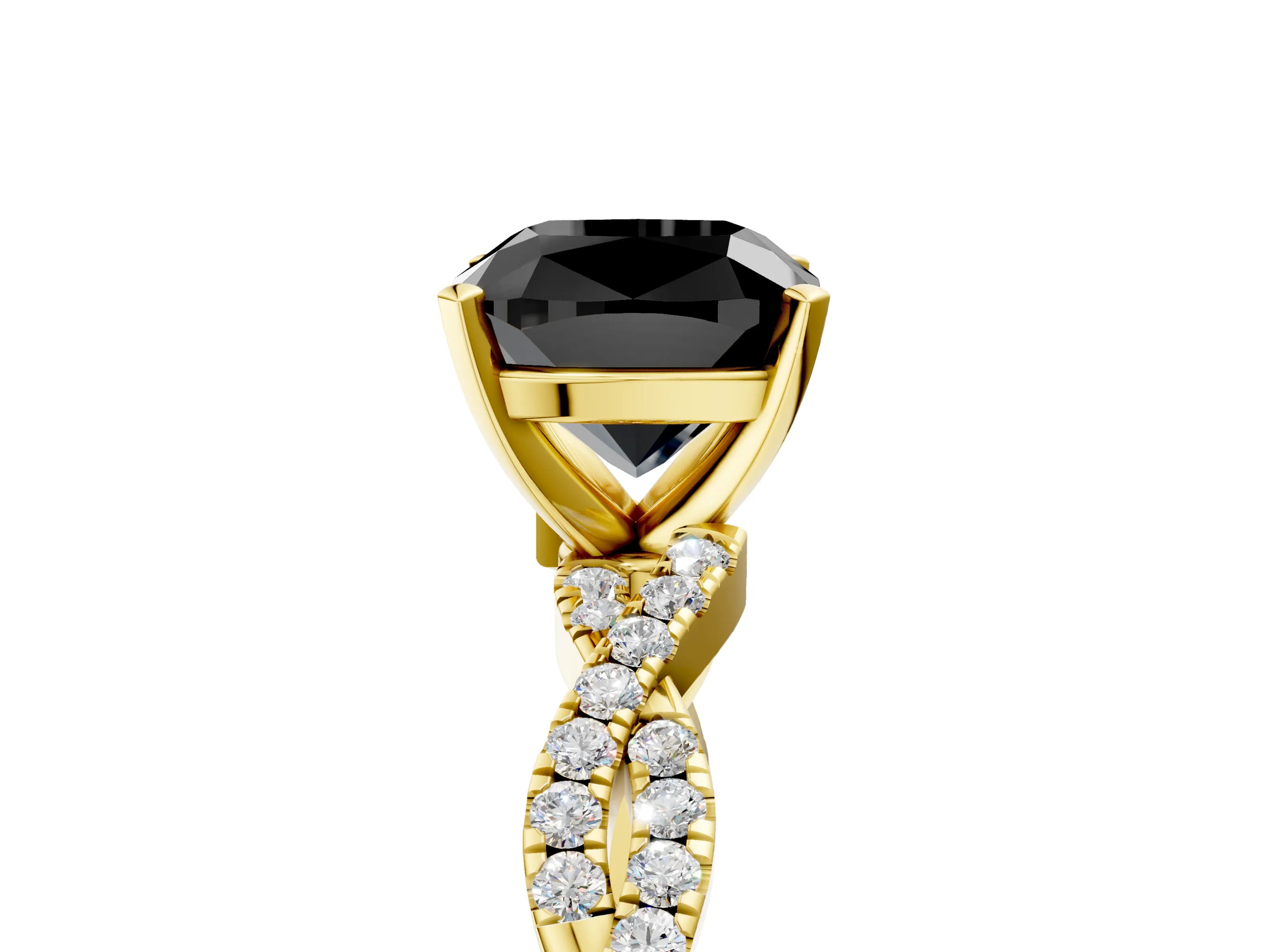 Yellow gold Fancy Black Cushion Cut Solitaire Twisted Pave Band with Four-Prong Setting_8