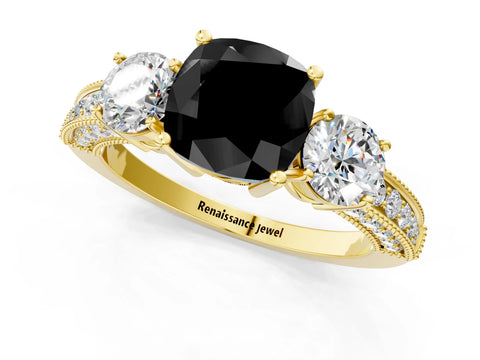 Yellow gold Fancy Black Cushion Cut Three-Stone Diamond Ring with Pavé Band and Four-Prong Setting_1