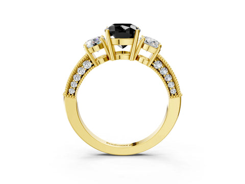 Yellow gold Fancy Black Cushion Cut Three-Stone Diamond Ring with Pavé Band and Four-Prong Setting_3