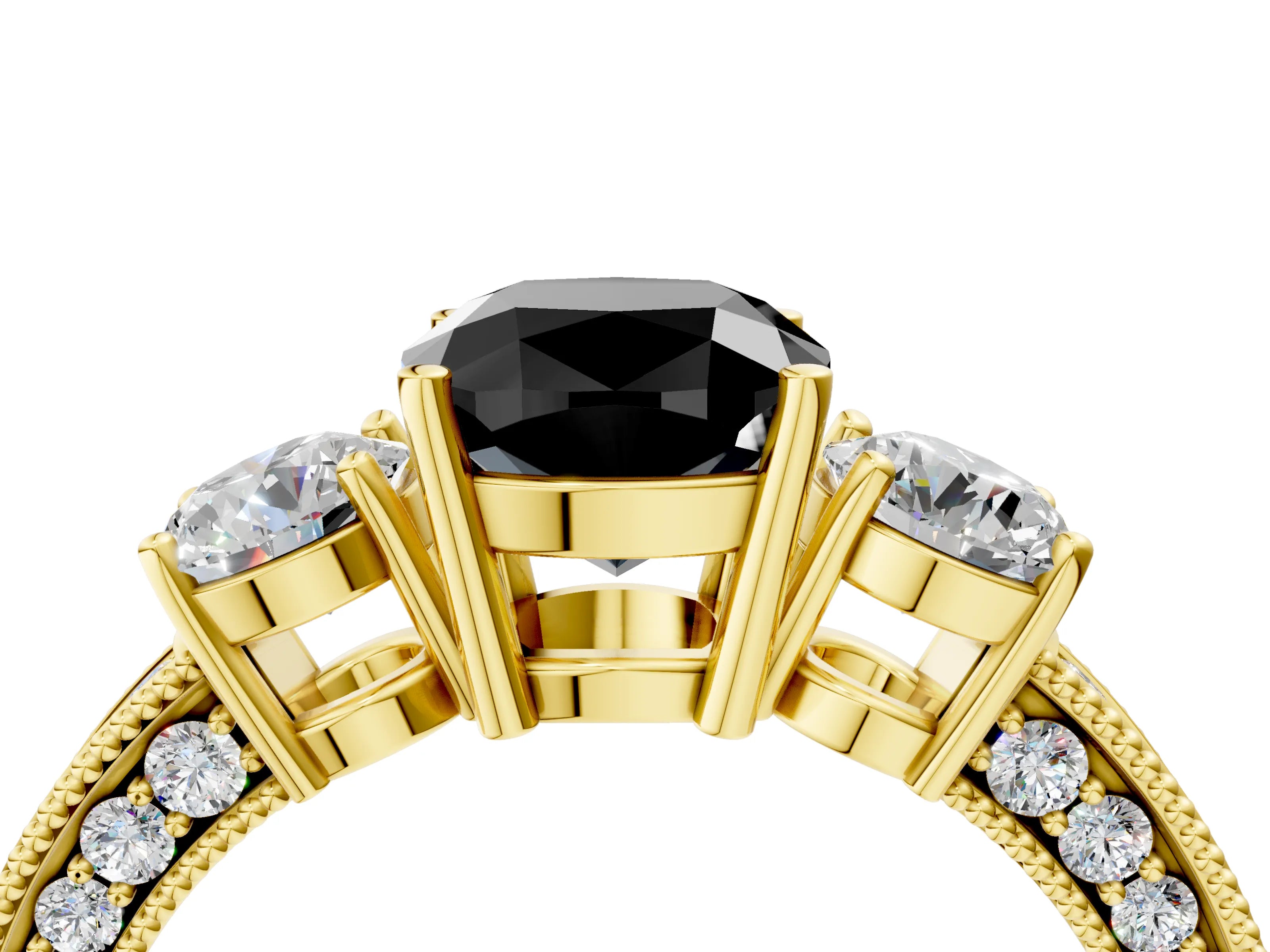 Yellow gold Fancy Black Cushion Cut Three-Stone Diamond Ring with Pavé Band and Four-Prong Setting_4