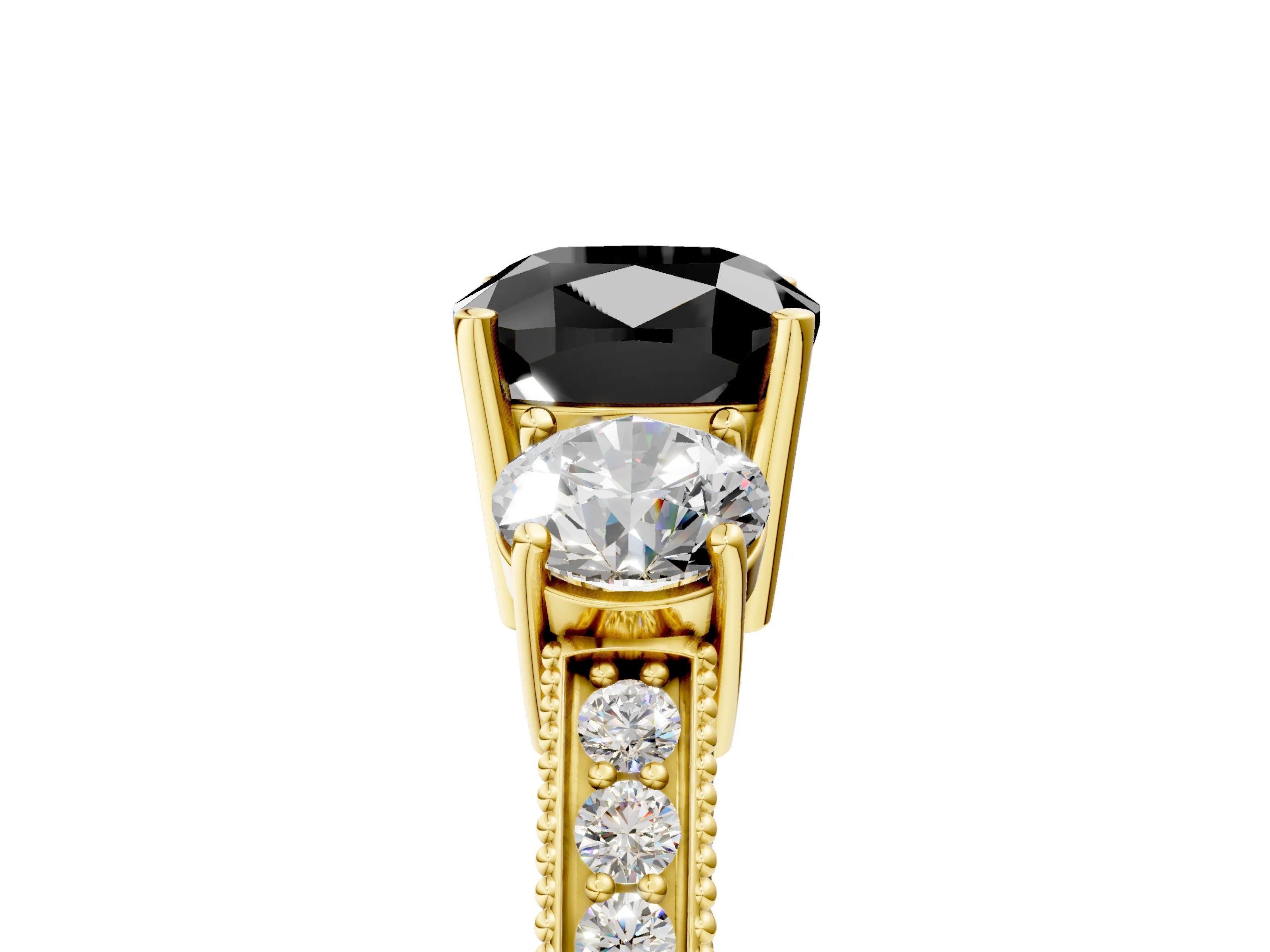 Yellow gold Fancy Black Cushion Cut Three-Stone Diamond Ring with Pavé Band and Four-Prong Setting_5