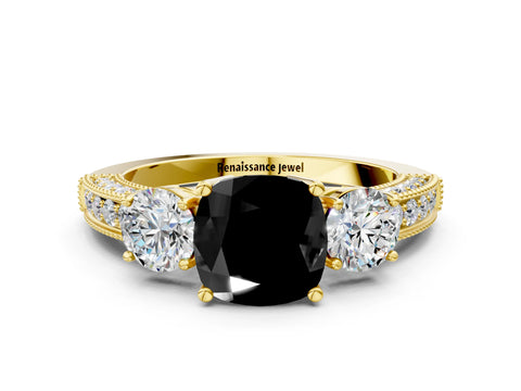 Yellow gold Fancy Black Cushion Cut Three-Stone Diamond Ring with Pavé Band and Four-Prong Setting