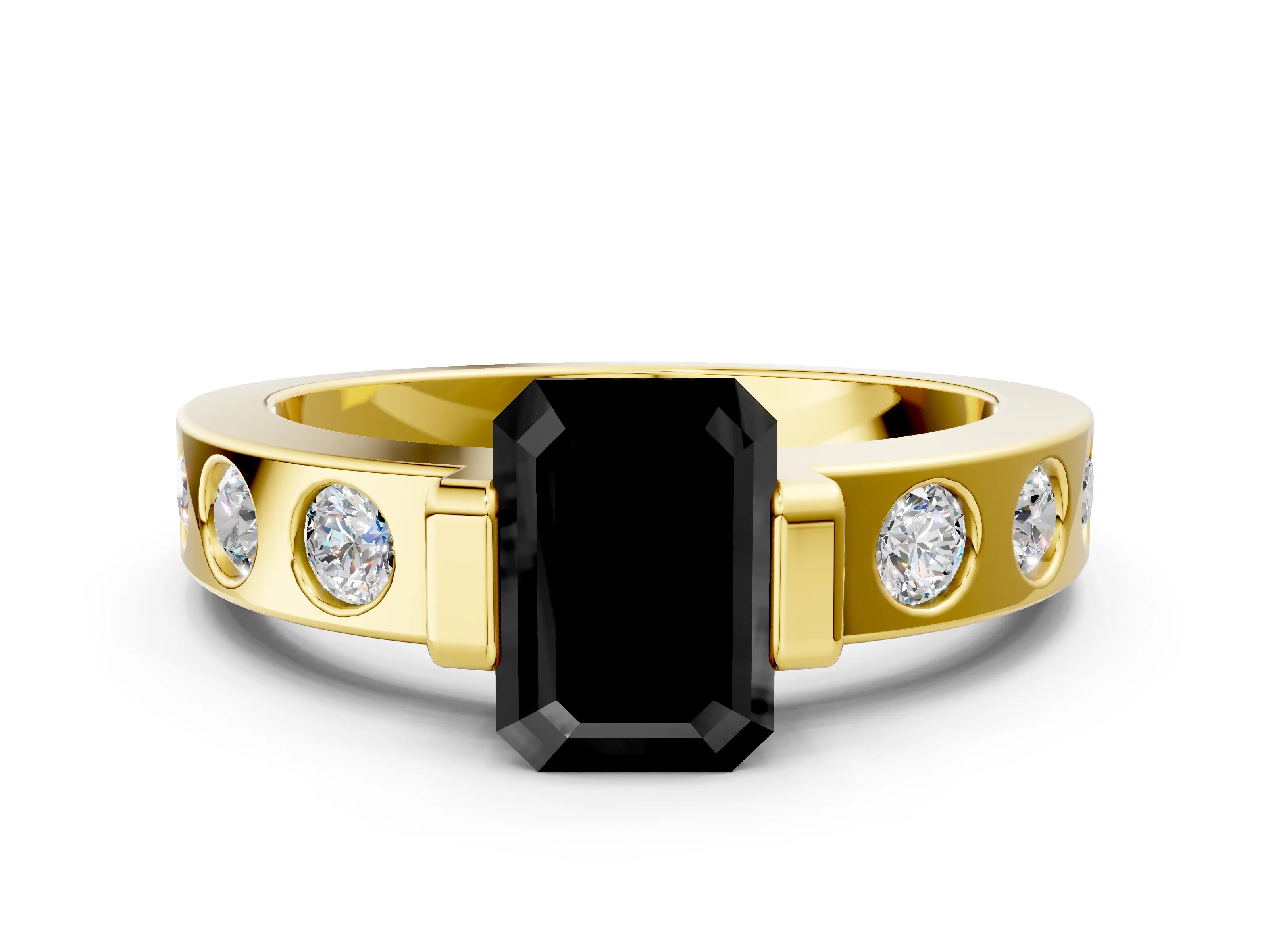 Yellow gold Fancy Black Emerald Cut Brilliant Channel-Set Diamond Ring with Bezel Prong Setting