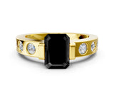 Yellow gold Fancy Black Emerald Cut Brilliant Channel-Set Diamond Ring with Bezel Prong Setting
