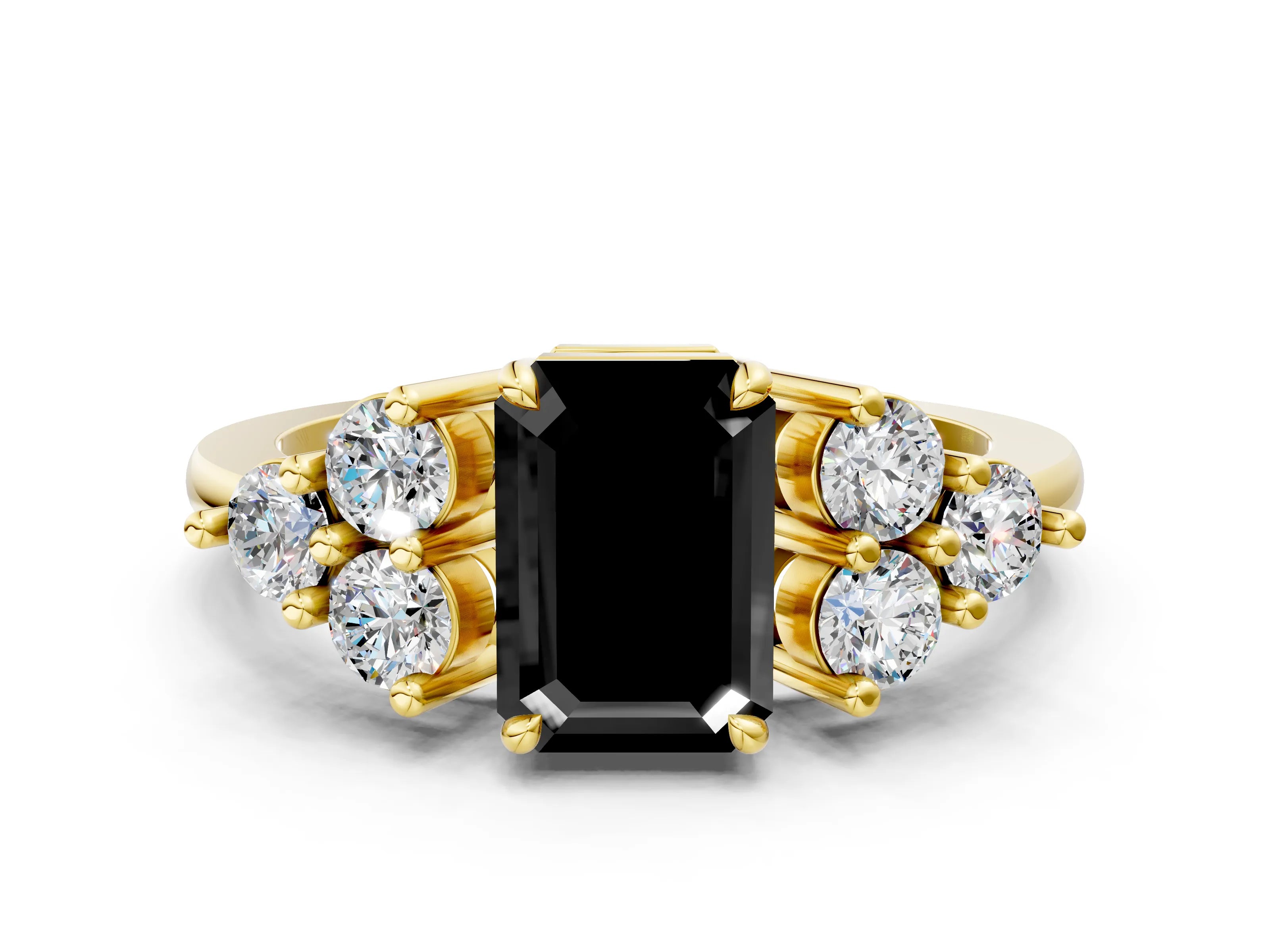 Yellow gold Fancy Black Emerald Cut Brilliant Diamond Cluster Accent Solitaire Ring with Prong Setting