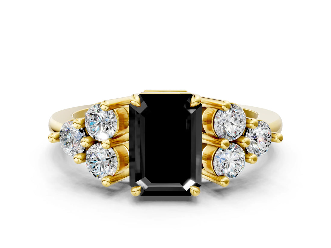 Yellow gold Fancy Black Emerald Cut Brilliant Diamond Cluster Accent Solitaire Ring with Prong Setting