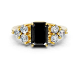 Yellow gold Fancy Black Emerald Cut Brilliant Diamond Cluster Accent Solitaire Ring with Prong Setting