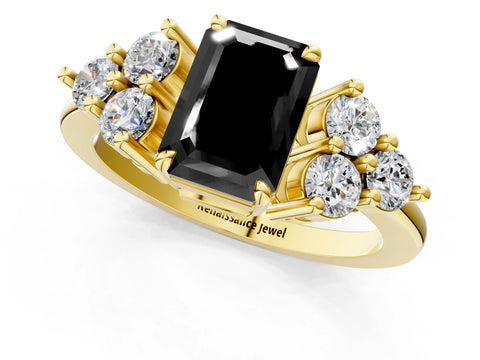 Yellow gold Fancy Black Emerald Cut Brilliant Diamond Cluster Accent Solitaire Ring with Prong Setting_1