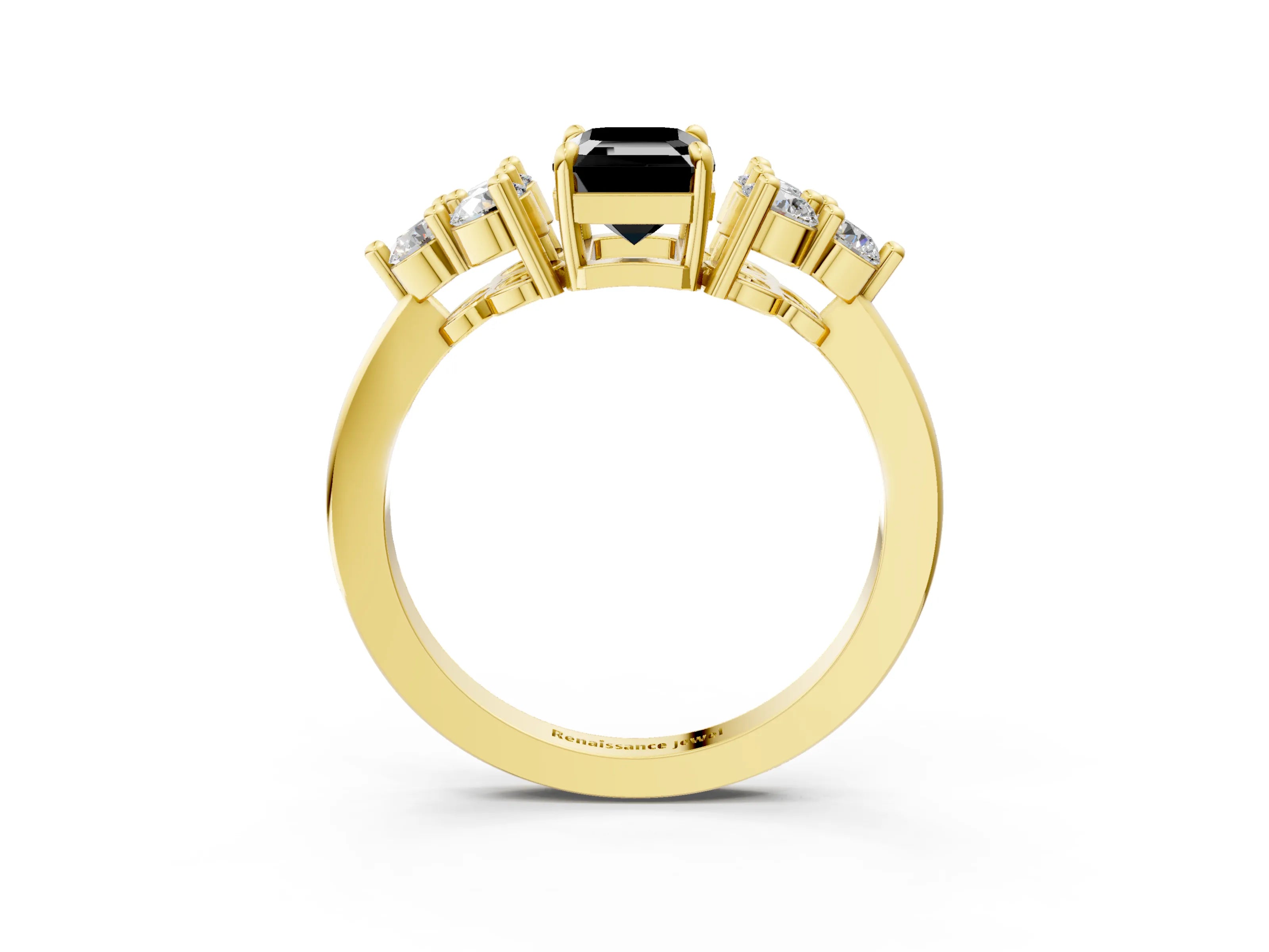 Yellow gold Fancy Black Emerald Cut Brilliant Diamond Cluster Accent Solitaire Ring with Prong Setting_3