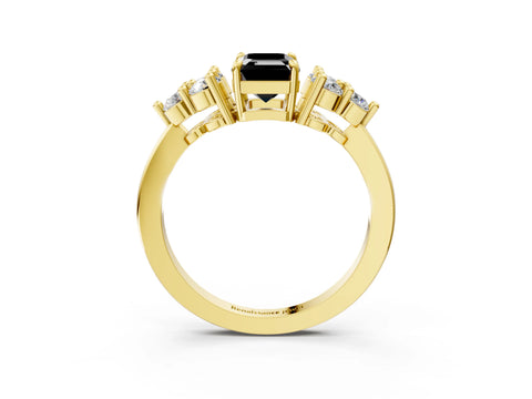 Yellow gold Fancy Black Emerald Cut Brilliant Diamond Cluster Accent Solitaire Ring with Prong Setting_3