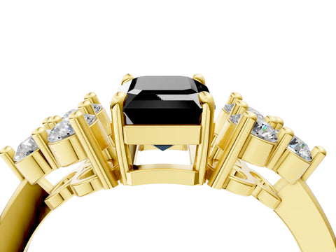 Yellow gold Fancy Black Emerald Cut Brilliant Diamond Cluster Accent Solitaire Ring with Prong Setting_4