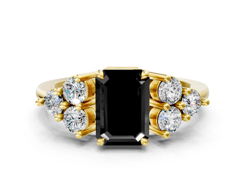 Yellow gold Fancy Black Emerald Cut Brilliant Diamond Cluster Accent Solitaire Ring with Prong Setting