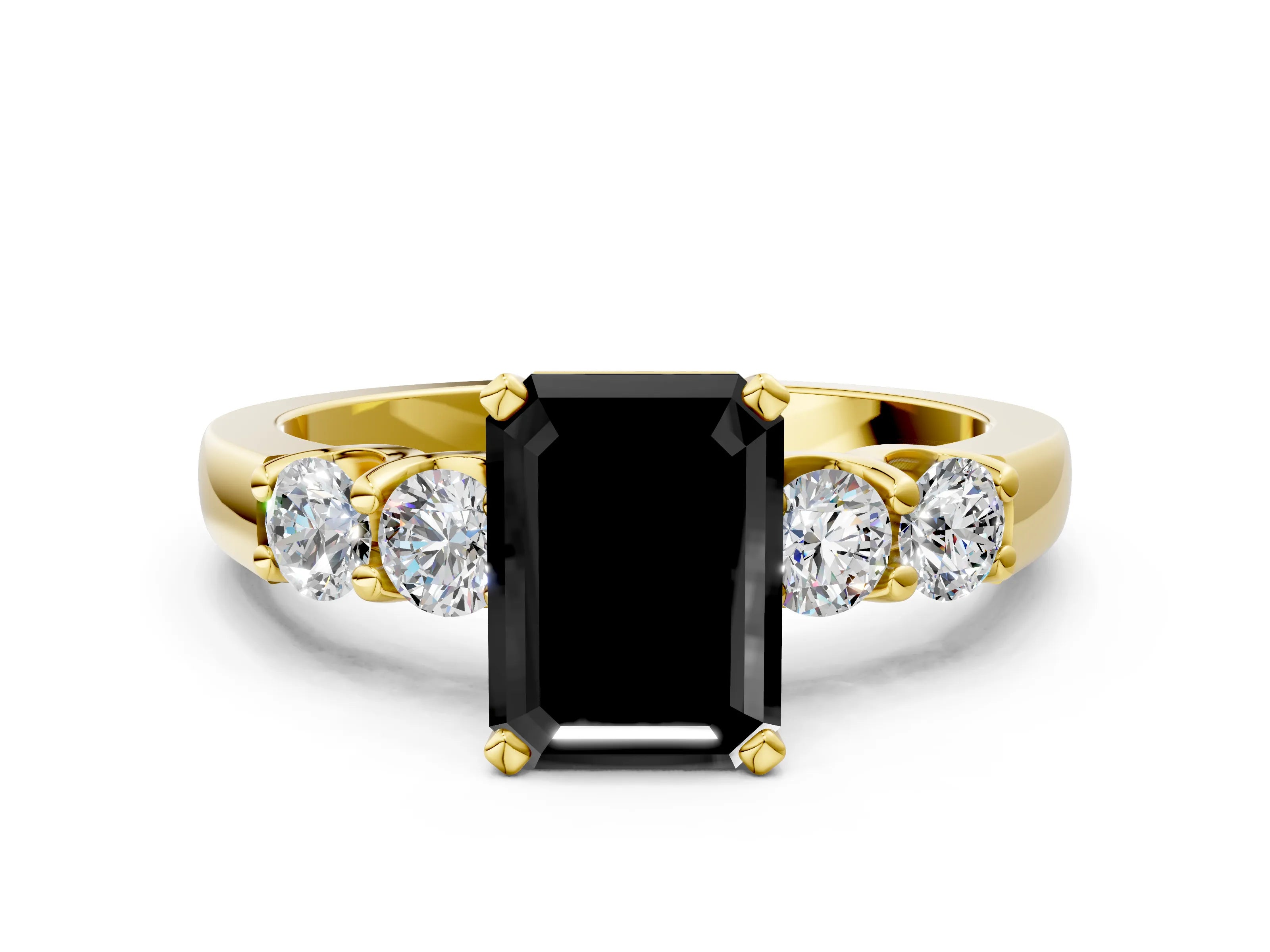 Yellow gold Fancy Black Emerald Cut Brilliant Diamond Five-Stone Engagement Ring with Prong Setting on a Classic Band_3