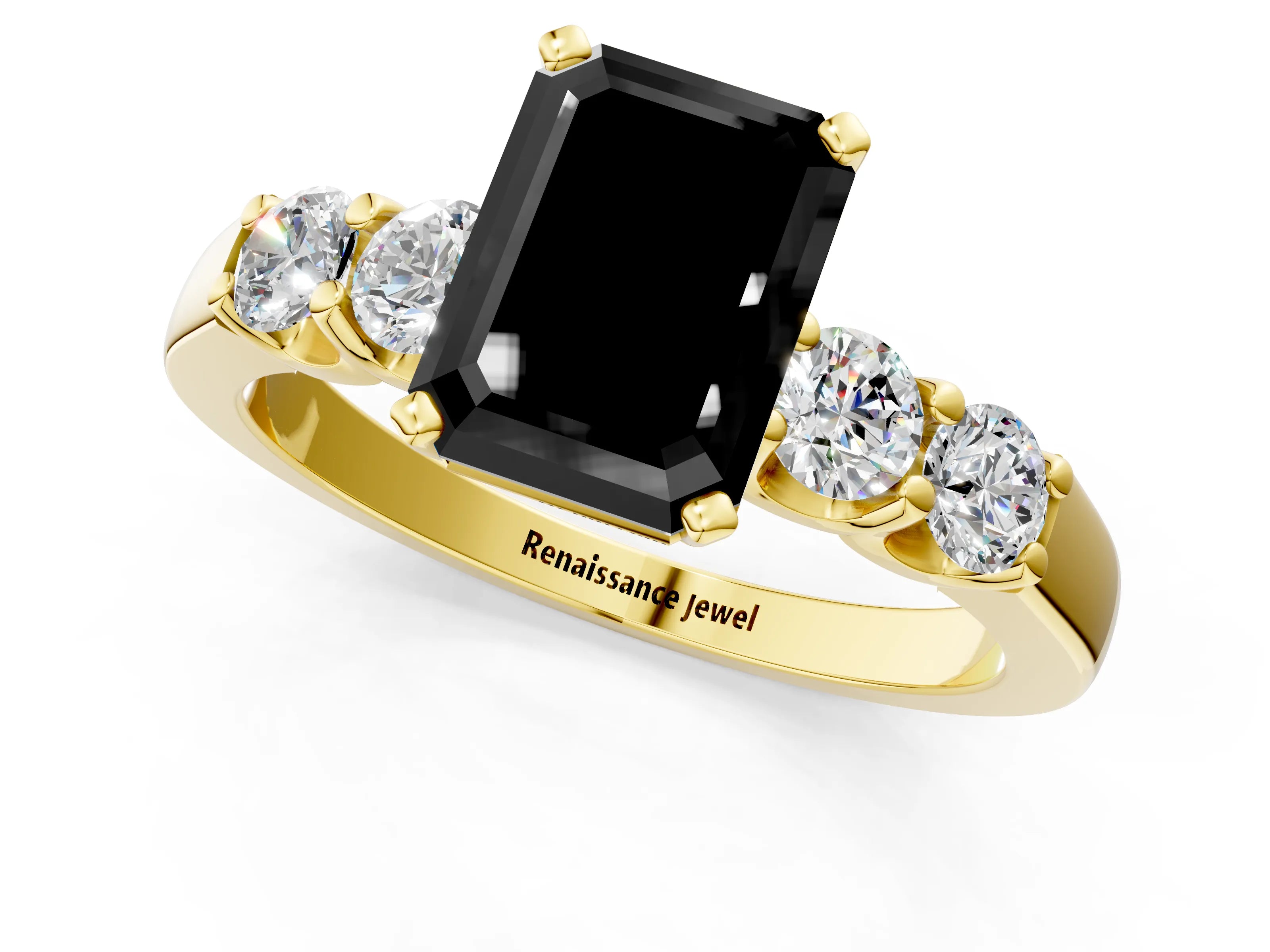 Yellow gold Fancy Black Emerald Cut Brilliant Diamond Five-Stone Engagement Ring with Prong Setting on a Classic Band_4